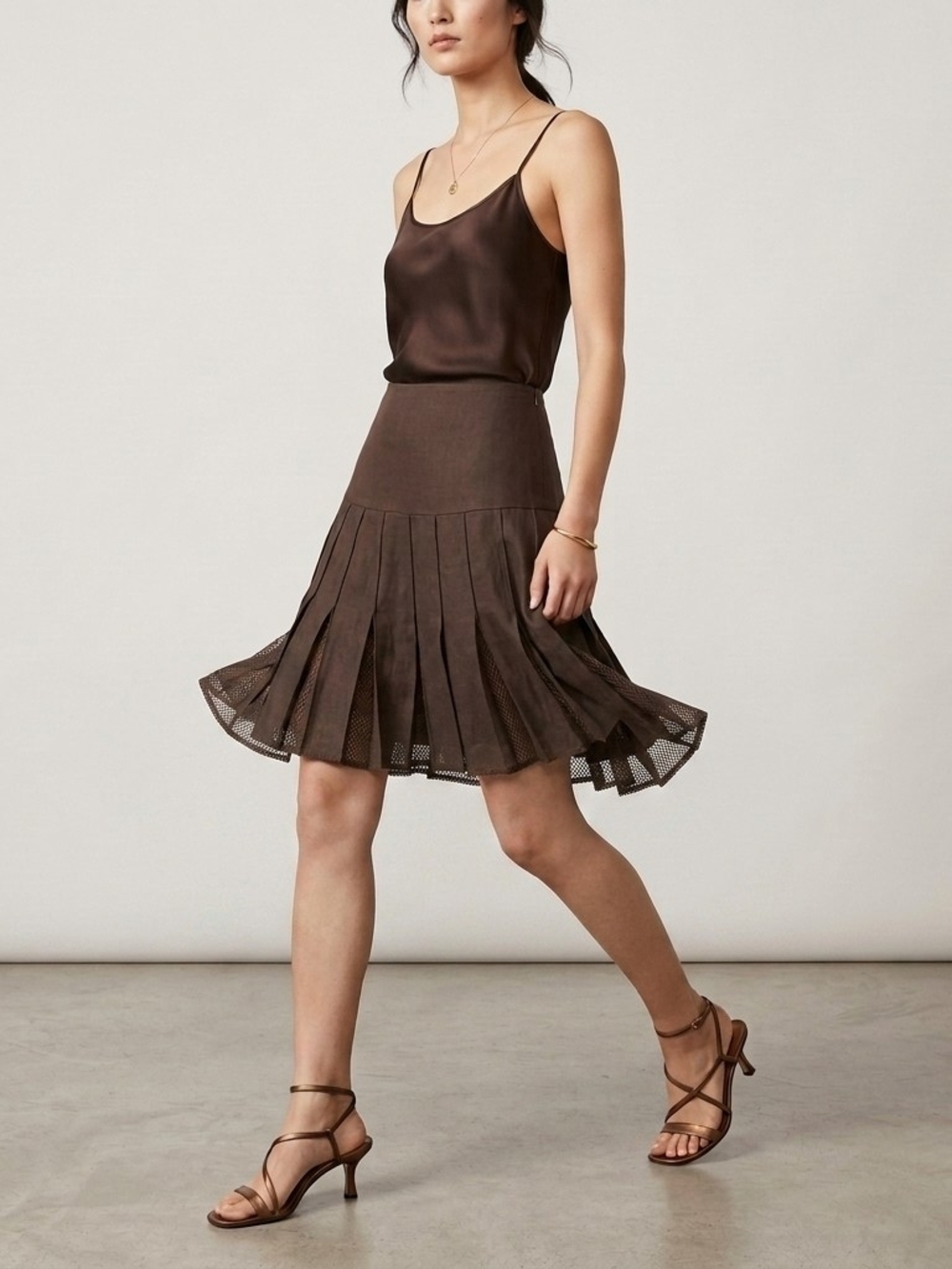 VTG Esthis Greece Bamboo Blend Pleated Drop Waist Mini Skirt Brown 14" W